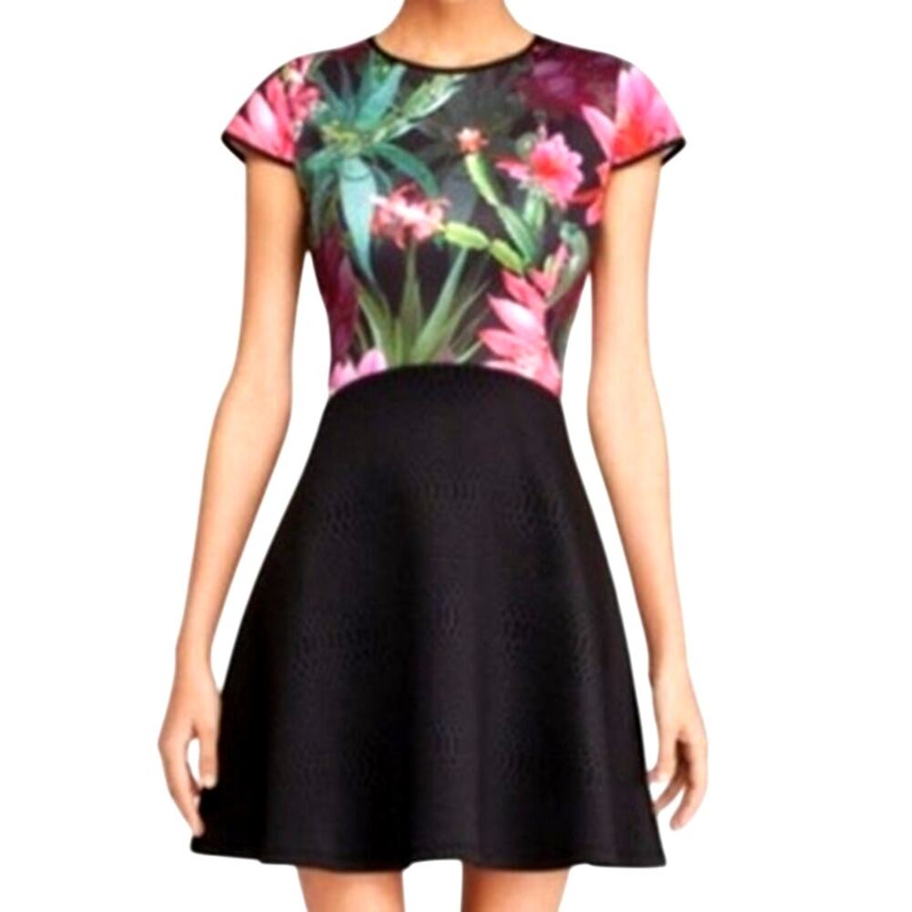Ted Baker Scuba Fit & Flare Mini Dress Floral Jewel Print Bodice Black Pink 0